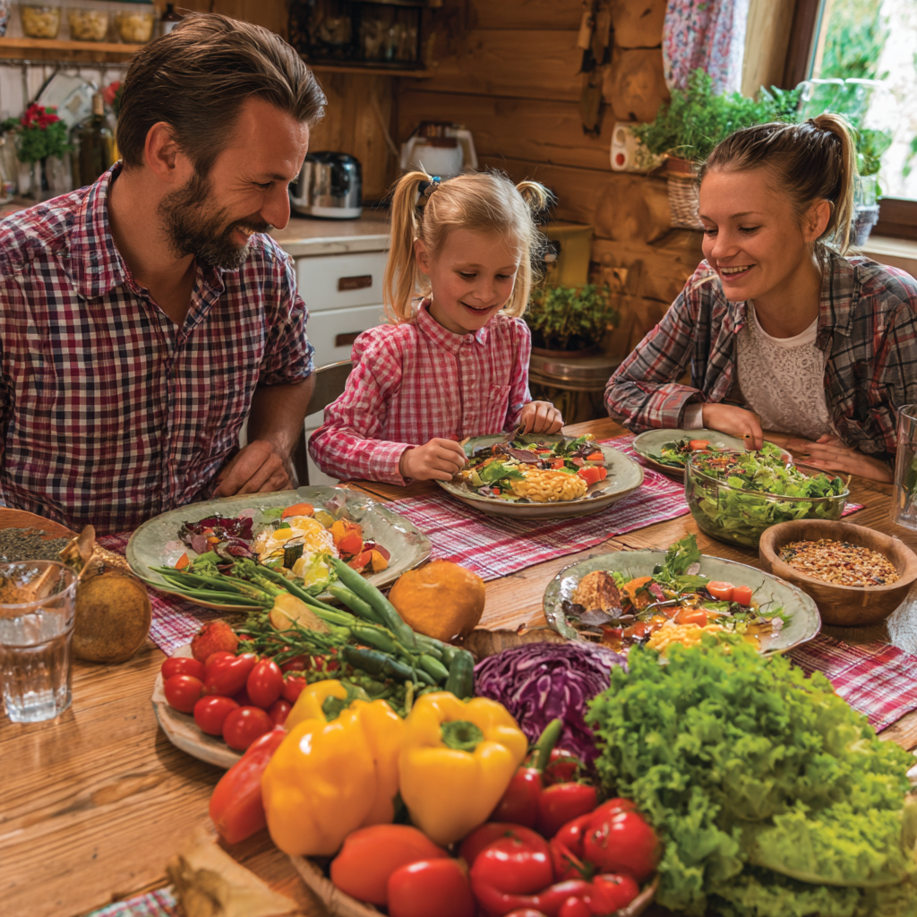 Happy Polish adults enjoying a healthy meal together, showcasing the benefits of structured nutrition planning