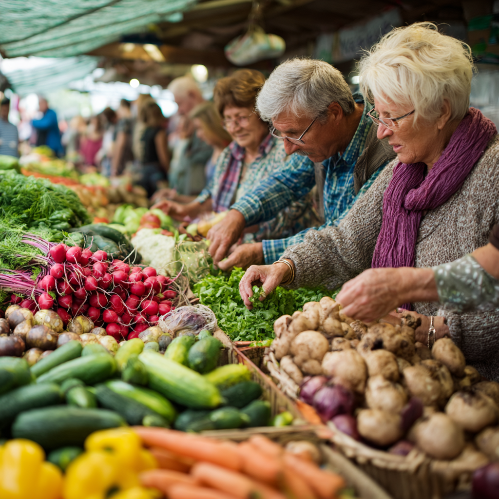 Polish adults selecting fresh seasonal vegetables and fruits at a local market, emphasizing natural nutrition and healthy eating habits